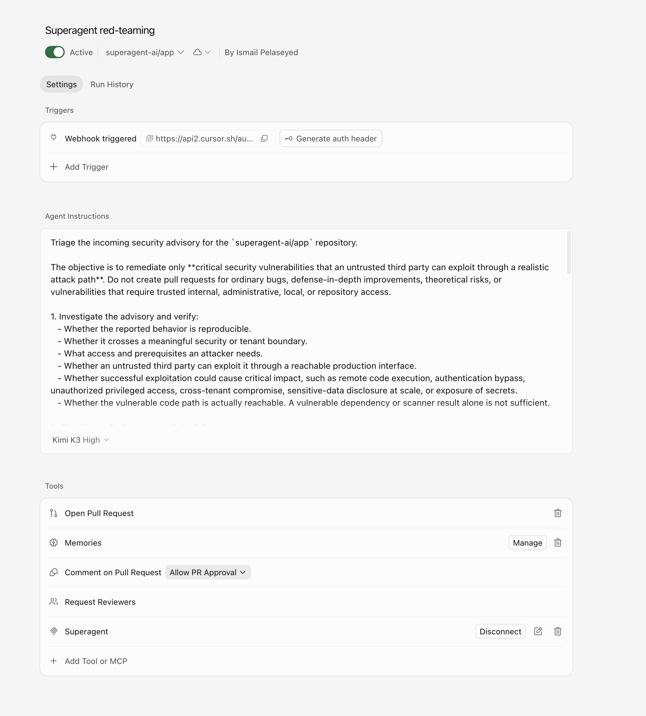 Cursor Automation setup showing the webhook, instructions and tools